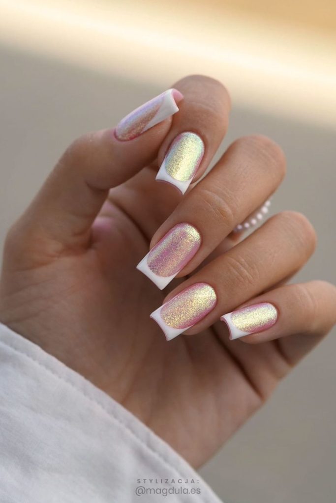 Golden Pink Mermaid Effect French Nails